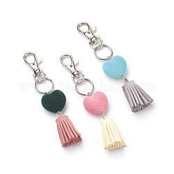 Alloy Keychain, with Faux Suede Cord Tassel and Acrylic Beads, Mixed Color, 120mm, Heart: 24x24.5x14mm, Tassel: 34x15mm
