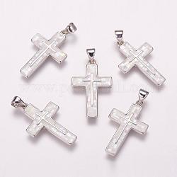 Freshwater Shell Pendants, with Brass Findings, Cross, Platinum, 26x16x2.5mm, Hole: 3.5x5mm