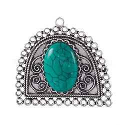 Composants de lustre en alliage de style tibétain, avec turquoise synthétique, demi-rond, argent antique, verte, 51x55.5x6.5mm, trou: 2 mm et 3 mm