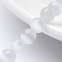 Perles d'oeil de chat, ronde, blanc, 6mm, Trou: 1mm, environ 66 pcs / brin, 15.5 pouce