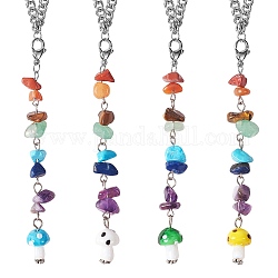 Gemstone Chip Pendant Decorations, 304 Stainless Steel Curb Chain Hanging Mushroom Ornament, with Lobster Claw Clasp, for Car Rear Mirror, Wall, Bag, 200mm, 4pcs/set