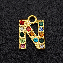 Lega charms di strass, oro, colorato, lettera, letter.n, 11.5x8.5x2mm, Foro: 1.5 mm