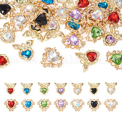28Pcs 14 Styles Glass Rhinestone Pendants, with Golden Alloy Finding, Heart & Heart Bowknot Charms, Mixed Color, 18.5~19.5x19~21x5~6mm, Hole: 1.6~2mm, 2Pcs/style