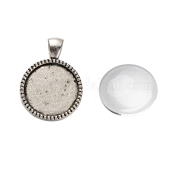 Pendant Making Sets, with Alloy Pendant Cabochon Settings and Glass Cabochons, Flat Round, Antique Silver, Tray: 20mm, 32x24x3mm, Hole: 5x7mm, 19.5~20x5.5mm