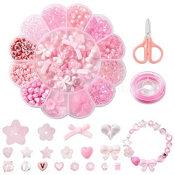 Kit per la creazione di braccialetti fai da te, tra cui perline acriliche, forbici, bicono, cuore, stella, fiore e fiocco, roso, 504pcs/scatola