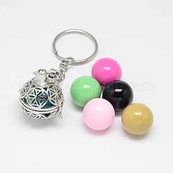 Brass Hollow Ball Cage Keychain, with Steel Split Rings and Random Color Spray Painted Brass Round Chime Beads, Lead Free & Nickel Free & Cadmium Free, Platinum, 95mm