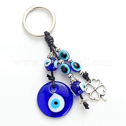 Flache, runde Schlüsselanhänger mit Glasanhänger mit bösem Blick, Kleeblatt-Anhänger aus Legierung zur Dekoration von Taschen- und Autoschlüsseln, Blau, 12.5 cm