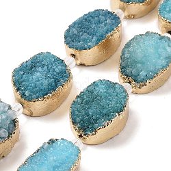 Golden Plated Dyed Oval Natural Drusy Quartz Crystal Beads Strands, Dark Turquoise, 30x22x5~12mm, Hole: 2mm, about 6pcs/strand, 7 inch