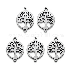 201 Stainless Steel Links Connector, Laser Cut, Flat Round with Tree of Life, Stainless Steel Color, 19.5x13.5x1mm, Hole: 1mm