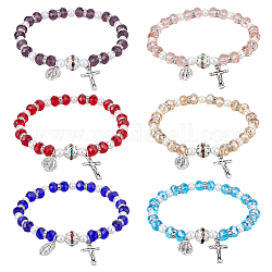 FIBLOOM 6Pcs 6 Colors Glass & Acrylic Imitation Pearl Beaded Stretch Bracelets Set, Cross & Oval Alloy Charms Bracelets, Mixed Color, Inner Diameter: 2-1/2 inch(6.4cm), 1Pc/color