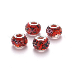 Perles européennes vernissées manuelles, perles de rondelle avec grand trou , avec double noyau en laiton scintillant et poudre de platine, rouge, 14x9~10mm, Trou: 5mm