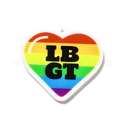 Colgantes de arco iris de acrílico impreso estilo orgullo, palabra lbgt, patrón del corazón, 35x38x2.5mm, agujero: 1.6 mm