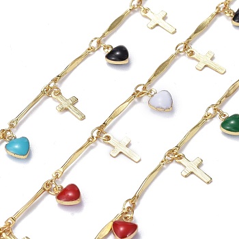 Handmade Brass Bar Link Chains, with Enamel and Spool, Soldered, Long-Lasting Plated, Cross & Heart Charms, Real 18K Gold Plated, 14x1.8x1.5mm, about 32.8 Feet(10m)/roll