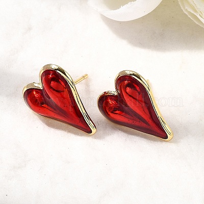 Серьги-гвоздики с эмалью в форме сердца из латуни EJEW-K276-12G-1