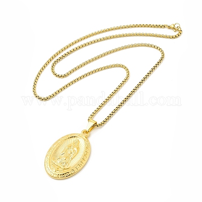 Ожерелье из нержавеющей стали с кулоном Девы Марии и цепочками для коробок для женщин NJEW-E066-01G-1