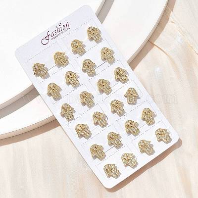 Серьги-гвоздики из латуни с микропаве из прозрачного кубического циркония в стиле хамса EJEW-D305-03G-1