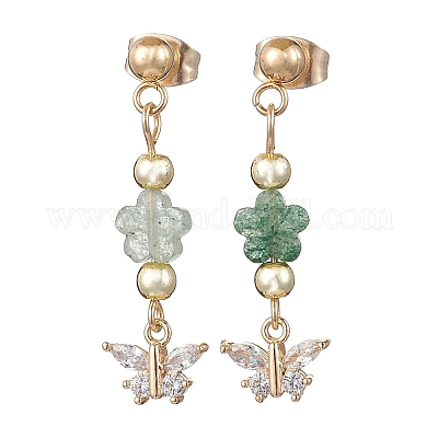Серьги-гвоздики с подвесками из латуни с микропаве из кубических цирконий и бабочкой с цветком EJEW-JE06427-1