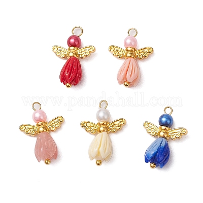 Бусины в виде цветка розы из непрозрачной смолы с круглыми бусинами из стеклянного жемчуга PALLOY-JF03594-01-1