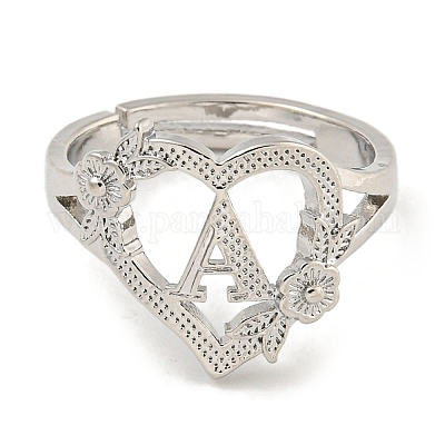 Сердце с буквой и цветком стойка покрытие латунь регулируемые кольца для женщин RJEW-I105-05P-A-1