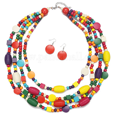 Комплекты из многослойных ожерелий и серег-подвесок из деревянных бочонков FS-WG5D833-01-1