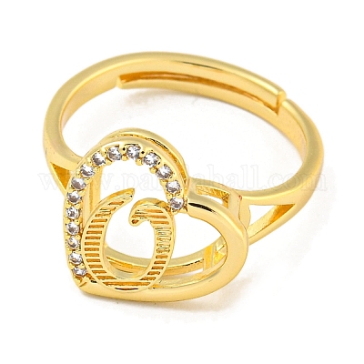 Сердце с буквой стойка покрытие латунь микро паве кубический цирконий регулируемые кольца для женщин RJEW-I105-06G-O-1