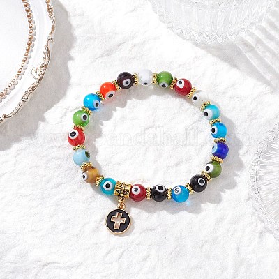 Браслеты с подвесками из сплава с эмалью и плоскими круглыми крестами BJEW-JB12269-03-1