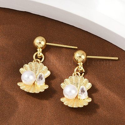 Серьги-гвоздики в форме ракушки из латуни с микропаве из прозрачных кубических цирконий EJEW-F895-13G-1