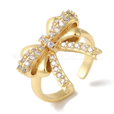 Открытые манжеты из латуни с бантом и микро-паве с прозрачным цирконием для женщин RJEW-C098-10G-1
