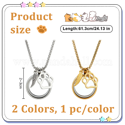 2 шт. 2 цвета нержавеющая сталь отпечаток лапы перо плоский круглый медальон из меха домашнего животного подвеска коробка цепочка ожерелья NJEW-DR00016-1