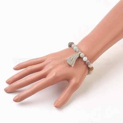 Эластичные браслеты с подвесками из натурального цветка амазонита и лавового камня (окрашенные) BJEW-JB03728-02-1