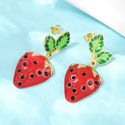 Висячие серьги-гвоздики из нержавеющей стали 304 с эмалированными вставками в виде клубники EJEW-A138-10G-01-1