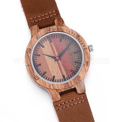 ゼブラノ木製腕時計  男性の電子時計  革の時計バンドと合金パーツ  サドルブラウン  260x23x2mm、頭を見て：56x48x12mm  ウオッチフェス：37mm WACH-H036-23-1