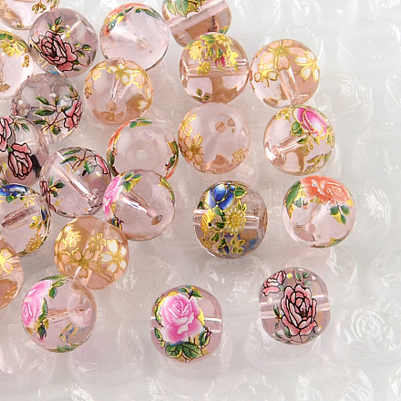 Perles rondes imprimées de motif de fleur rose en verre GFB-R004-10mm-W-1