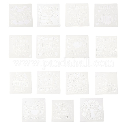 イースターテーマペットプラスチック図面絵画ステンシルテンプレート  混合図形  DIYスクラップブッキング用  ホワイト  15x15x0.01cm  15個/セット DIY-P080-A01-1