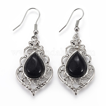 Synthetic Black Stone Dangle Earrings EJEW-P172-03-1