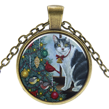 Christmas Theme Kitten Glass Pendant Necklaces NJEW-J056-B994-AB-1