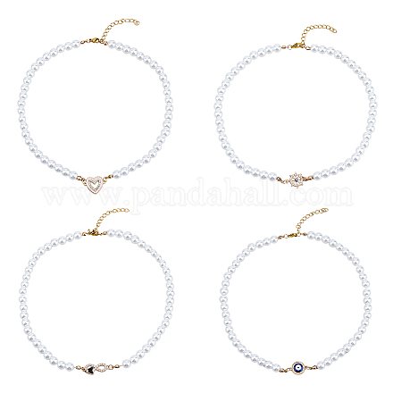 Fibloom 4 pcs 4 style coeur et mauvais œil et infini et barre en laiton strass pendentif colliers sertis de chaînes de perles d'imitation de perles pour les femmes BJEW-FI0001-30-1