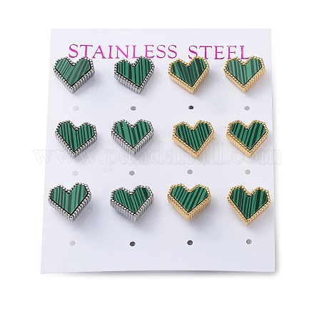 6 Pair 2 Color Synthetic Malachite Heart Stud Earrings EJEW-A024-11-1