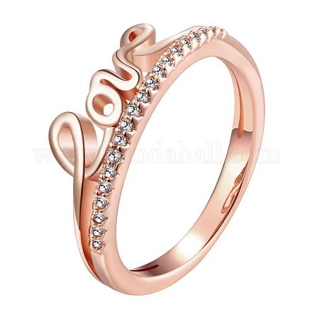 Word Love Real Rose Gold Plated Brass Cubic Zirconia Rings for Women RJEW-BB05427-RG-1