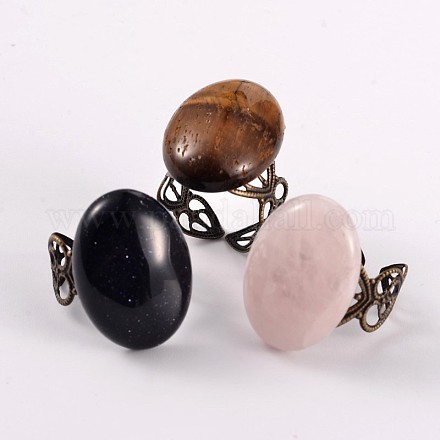 Antique Bronze Plated Mixed Adjustable Brass Gemstone Cuff Rings RJEW-JR00165-1