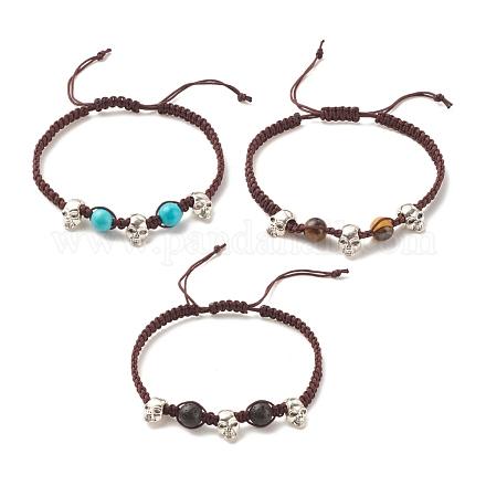 3Pcs Natural Tiger Eye & Lava Rock & Synthetic Turquoise Braided Bead Bracelets Set with Alloy Skull BJEW-JB08114-02-1