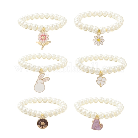 Bracelet extensible en perles d'imitation de verre avec breloques en alliage d'émail BJEW-JB09556-1