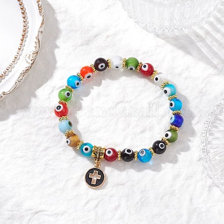 Браслеты с подвесками из сплава с эмалью и плоскими круглыми крестами BJEW-JB12269-03-1