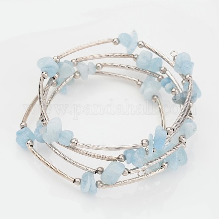 Four Loops Natural Aquamarine Beaded Wrap Bracelets X-BJEW-JB02332-01-1