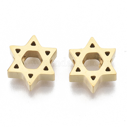 304ステンレス鋼ビーズ  ユダヤ人のために  ダビデの星  ゴールドカラー  8.5x10x3mm  穴：2mm STAS-S079-190G-1