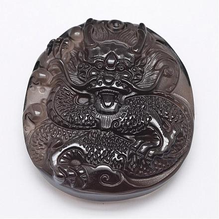 天然氷結晶のオブシディアン彫りペンダント  中国のドラゴン  ブラック  52.5x47x14mm  穴：2mm G-A169-004-1