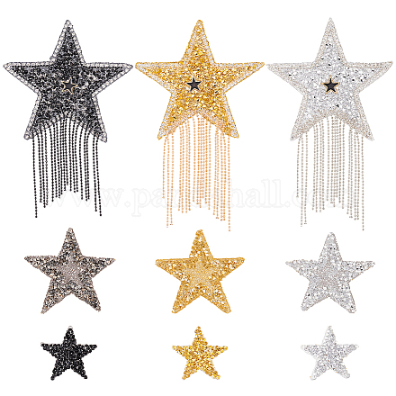 FINGERINSPIRE 9 Styles Star Iron on Applique Patches Silver Gold Black Hotfix Rhinestone Patches Tassel Star Glitter Crystal Patches Decorative Sewing Applique for Clothes Pants Jeans Hats Bags Craft DIY-FG0003-84-1
