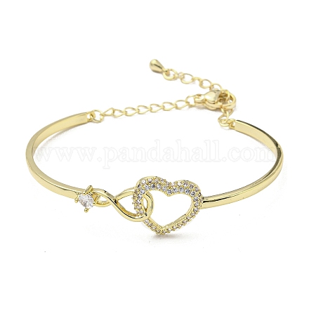 Bracelet manchette en laiton cœur infini avec zircone cubique transparente et chaînes de sécurité BJEW-L683-02G-1