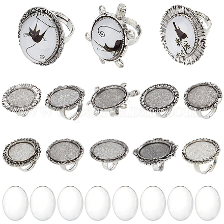 SUNNYCLUE 10Pcs Cabochon Ring Settings Glass Cabochon Rings Adjustable Ring Blank Setting Vintage Clear Glass Cabochons Owl Turtle Oval Blank Finger Ring Base for Jewelry Making Kits Women DIY Craft DIY-SC0022-24-1