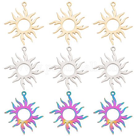 Beebeecraft 1 Box 18Pcs 3 Colors Sun Charms Stainless Steel Open Back Bezel Hollow Frames Mixed Color Pendant Charms for DIY Necklaces Crafts Jewellery Making STAS-BBC0001-77-1